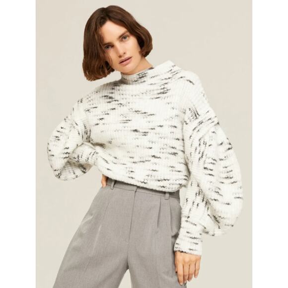Varley Belgrave Mock Neck Ruffle Balloon Sleeve Knit Sweater Dalmation Large - Picture 5 of 10